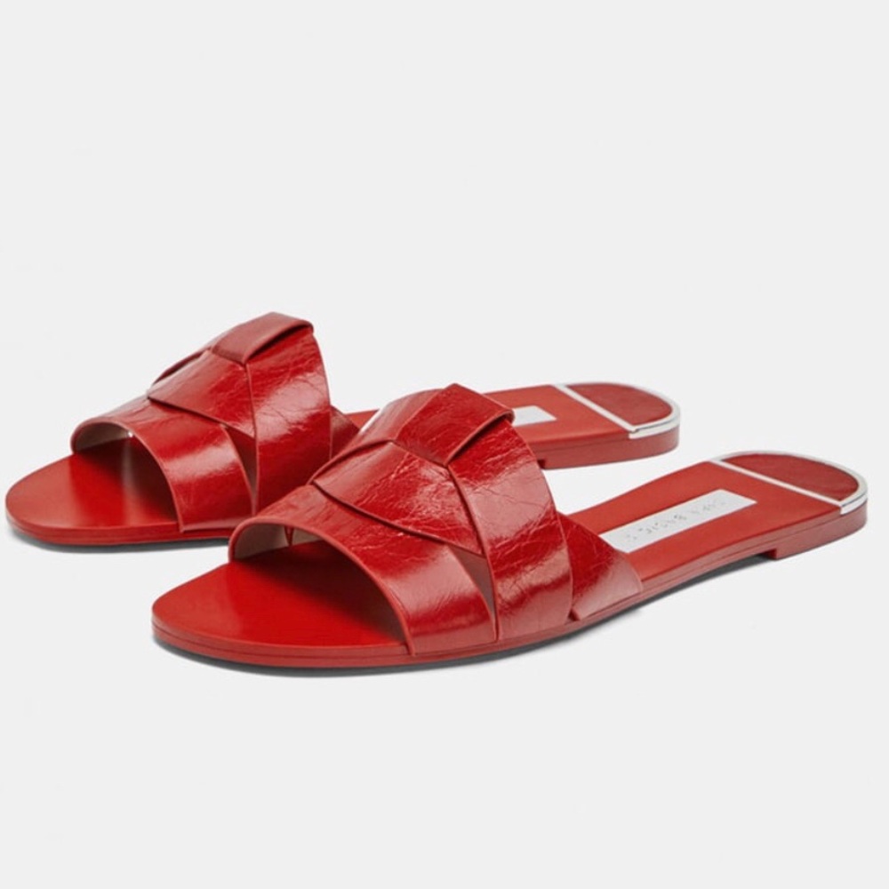 Zara Red Leather Crossover Sandals Size 40